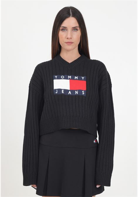 Black V-neck sweater for women with maxi flag and logo embroidery TOMMY JEANS | DW0DW18528BDSBDS